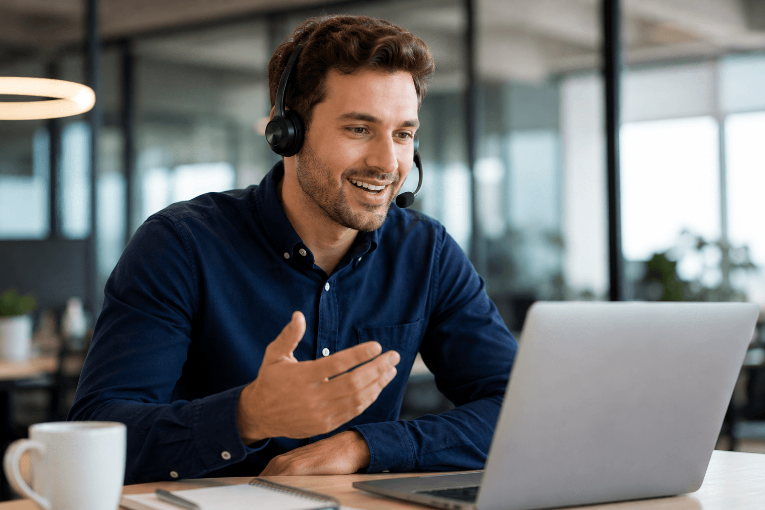 Sales representative wearing a headset speaking with a customer on a laptop during a sales call in a modern office.